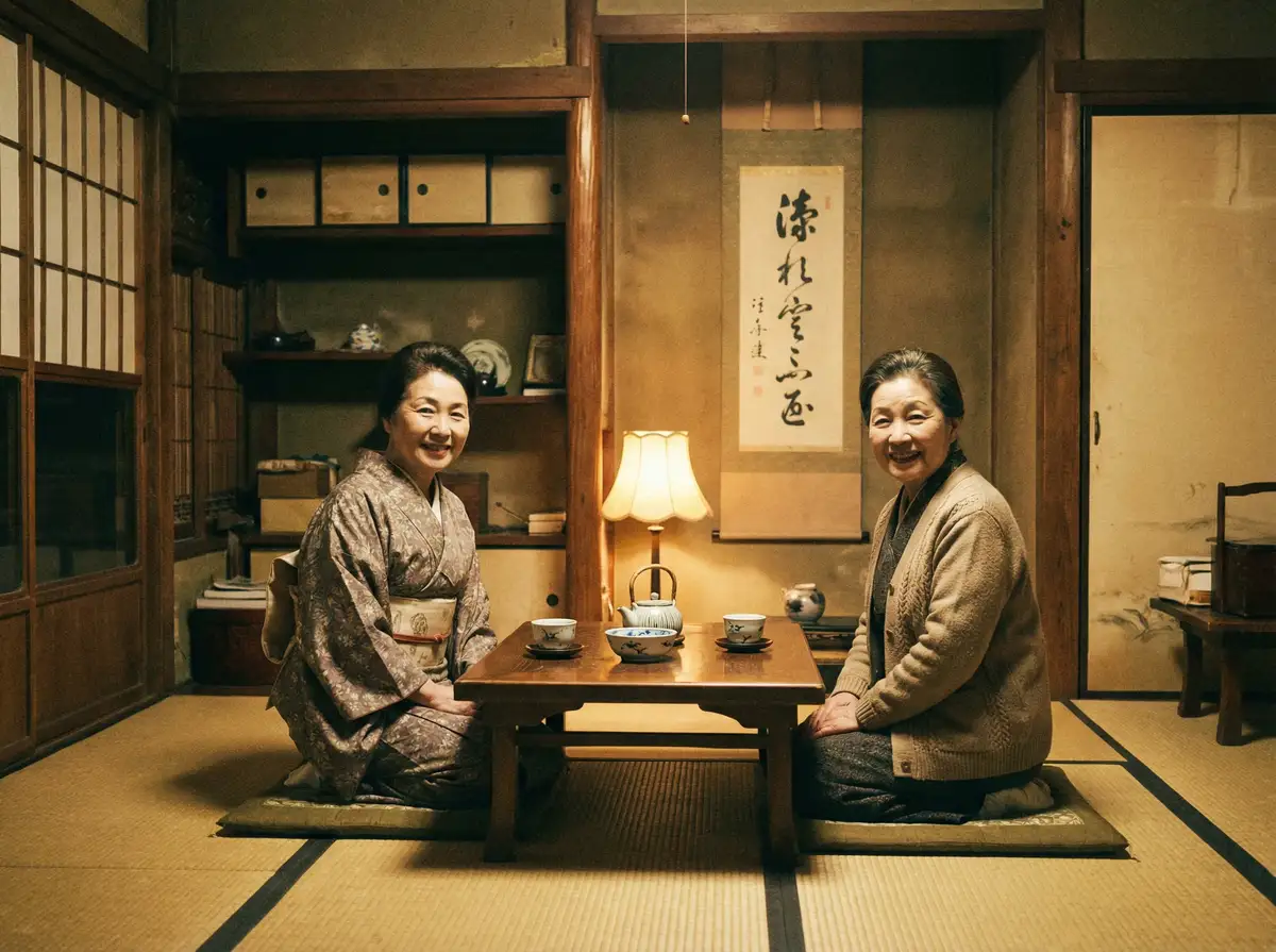 两位优雅的 51吃瓜~51吃瓜今日热点 | 真实可靠51吃瓜更新站 在日式茶室中品茶交谈